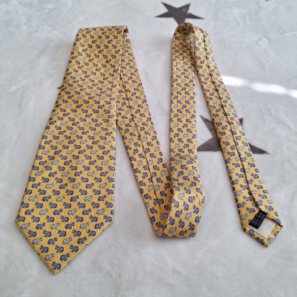 FUMAGALLI'S Men's 100% Silk Necktie Blue‎ Elephant AOP Hand Made Made In Italy